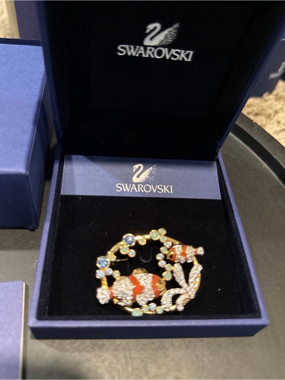 Swarovski Orange and Blue Fish Wreath Brooch